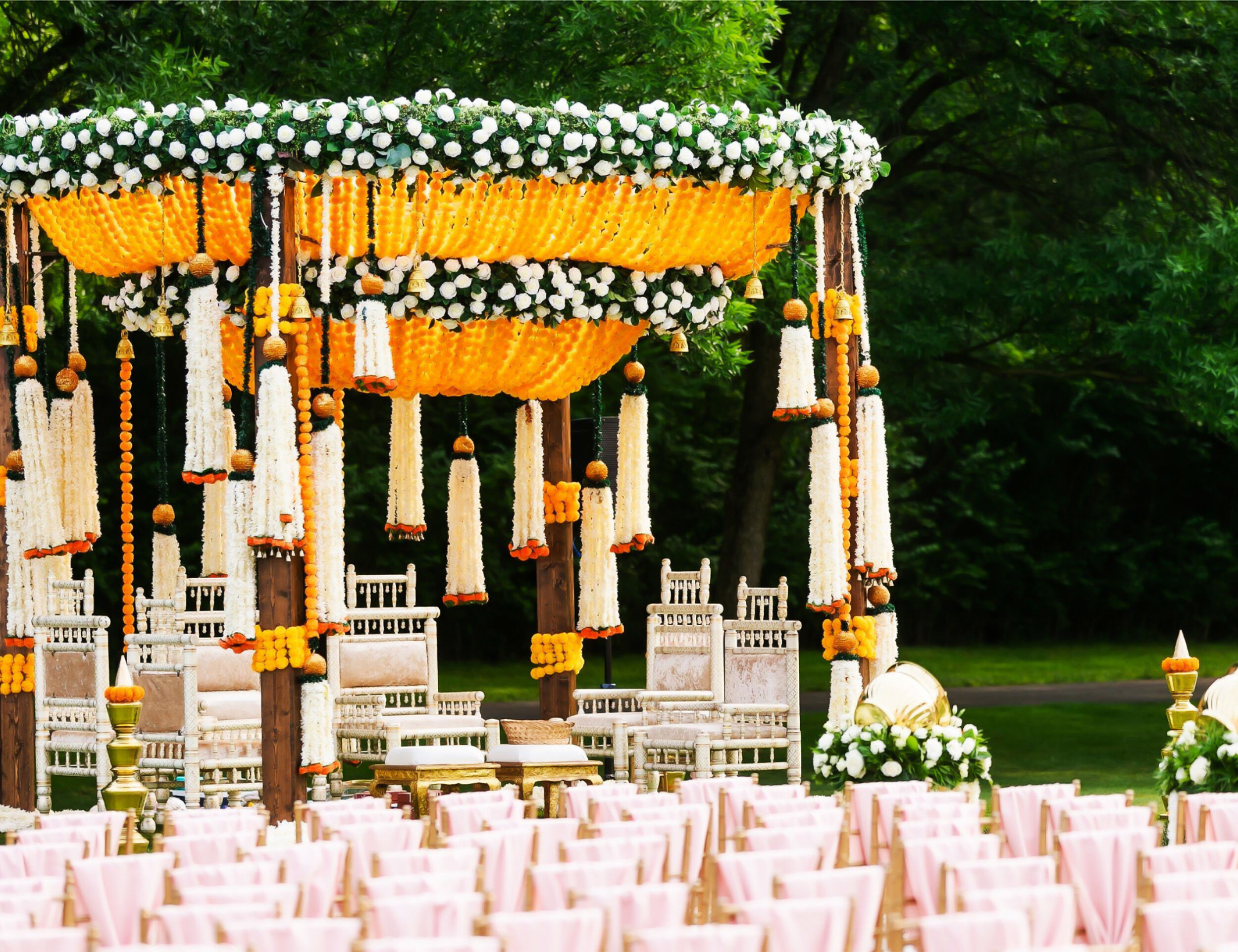 A beautifull venue for wedding with decorated yellow and white flowers 